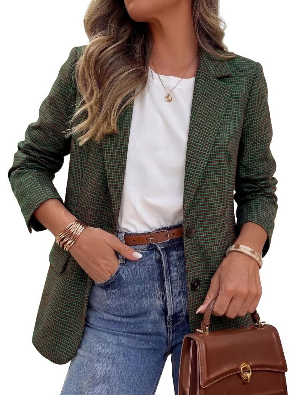 Women's Plaid Green Long Sleeve Notch Lapel Pockets Oversized Blazer Suit Jacket